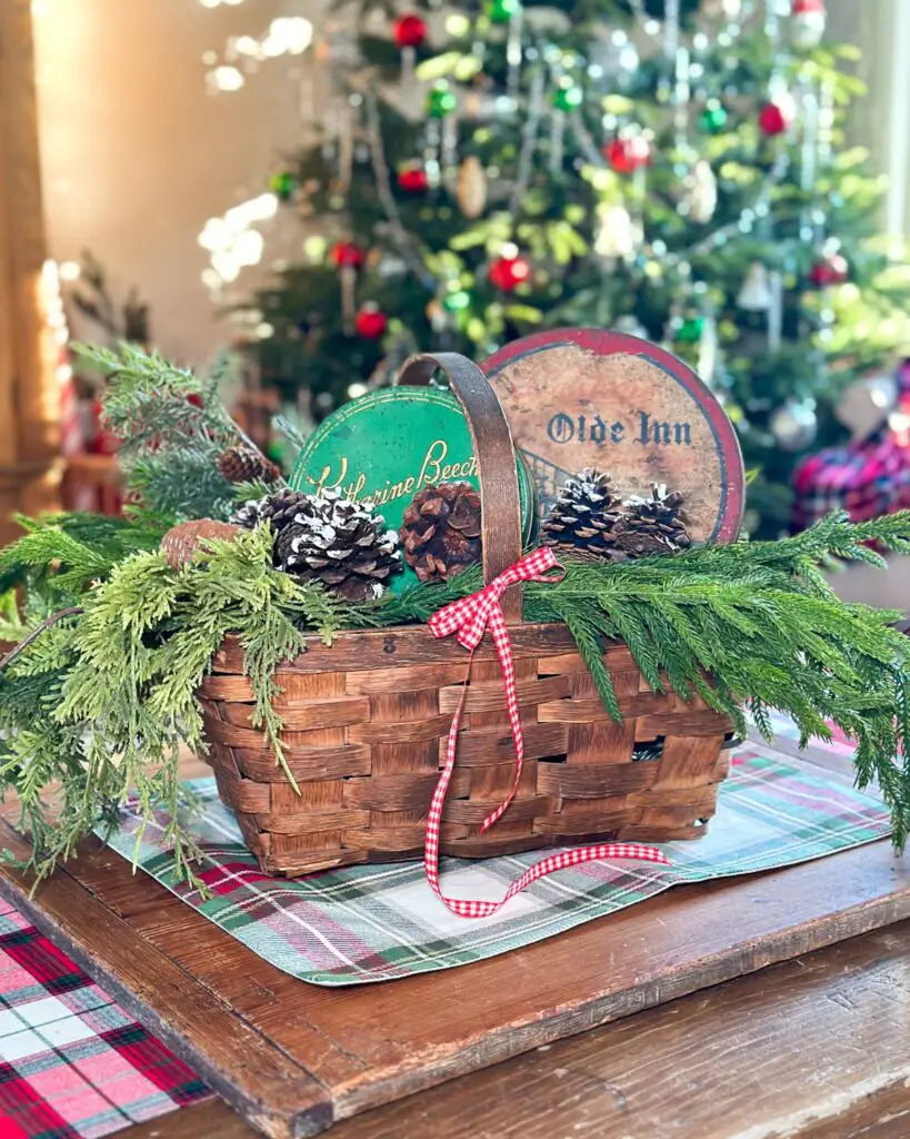 Vintage basket Christmas arrangement